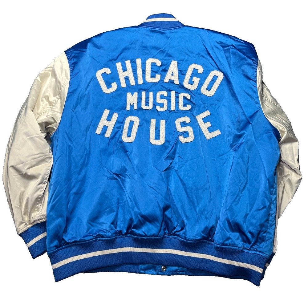 H&M Chicago Music House Varsity Jacket Blue White XL Embroidered Logo Quilted